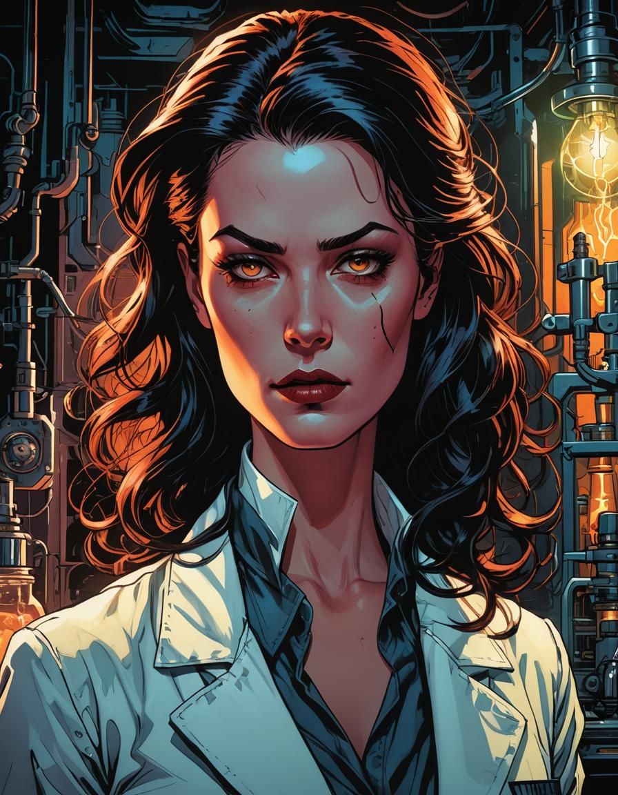 Young, beautiful, evil woman mad scientist. Pulp aesthetic