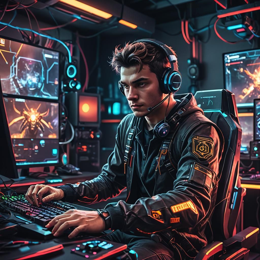 Futuristic Pro Gamer in High-Tech Room: 8k Resolution