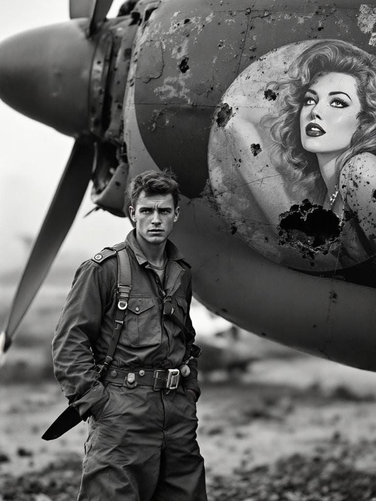 WWII Pilot and Damaged Plane in Photojournalism Style