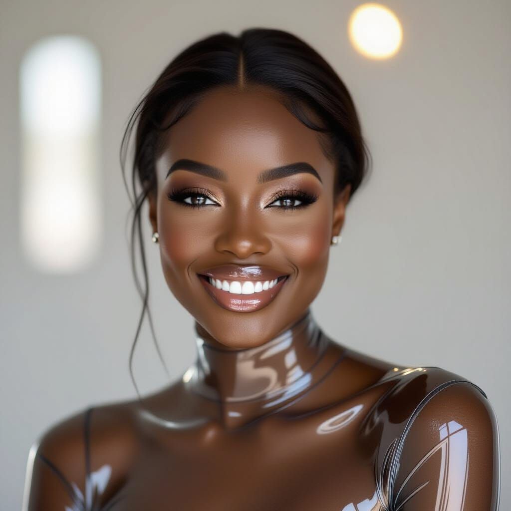 Smiling Woman in Glass Bodysuit: High-Fashion Portrait