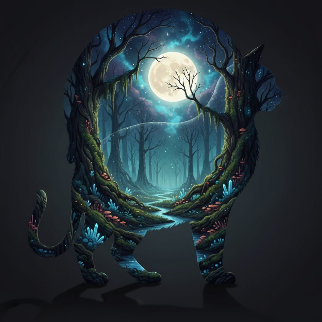 Black Cat Merges with Mystical Forest Under Glowing Moon
