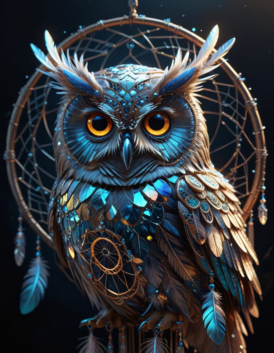 Surreal Owl Wears Dreamcatcher in a Vibrant, Mystical Scene