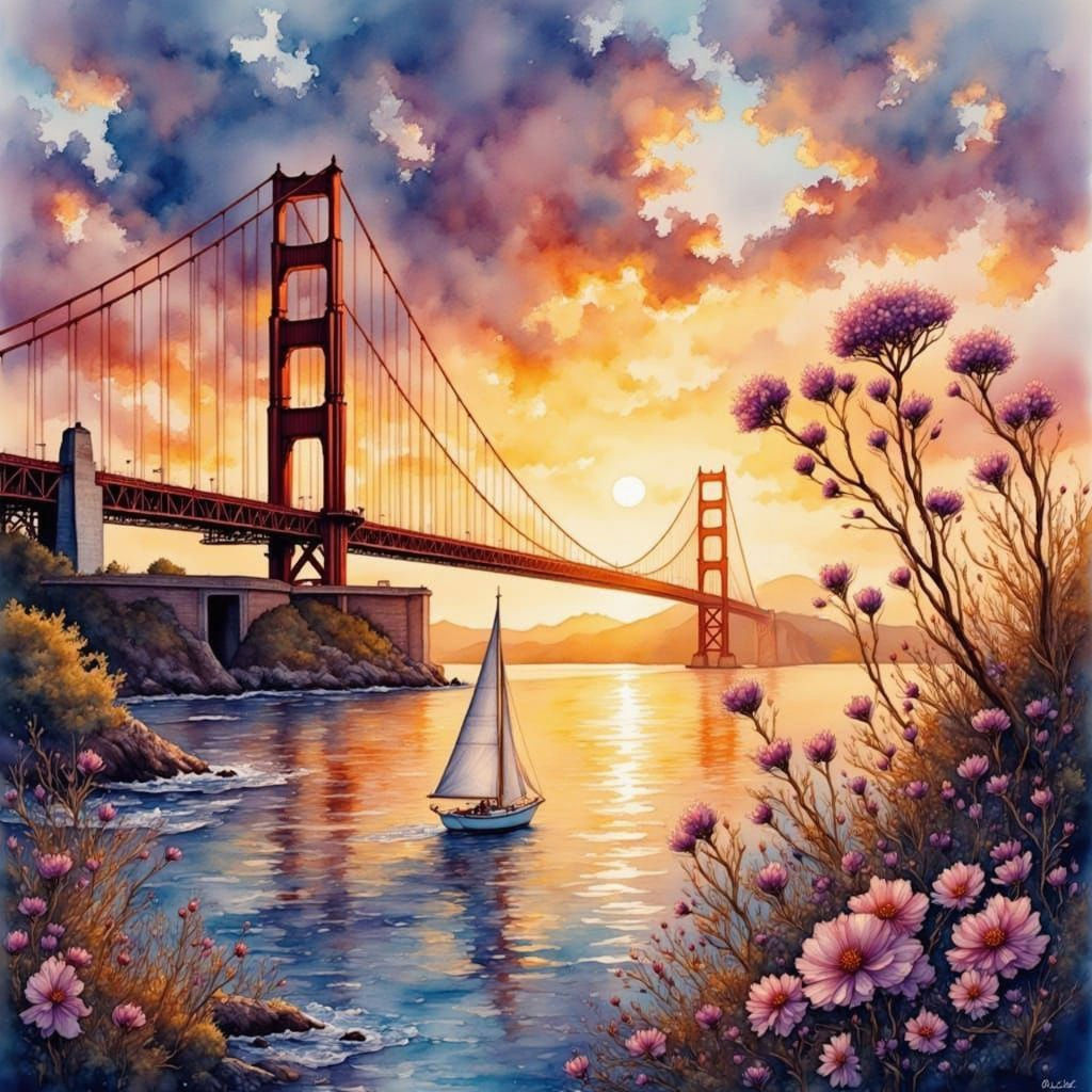 Golden Gate Sunset in Watercolor Style