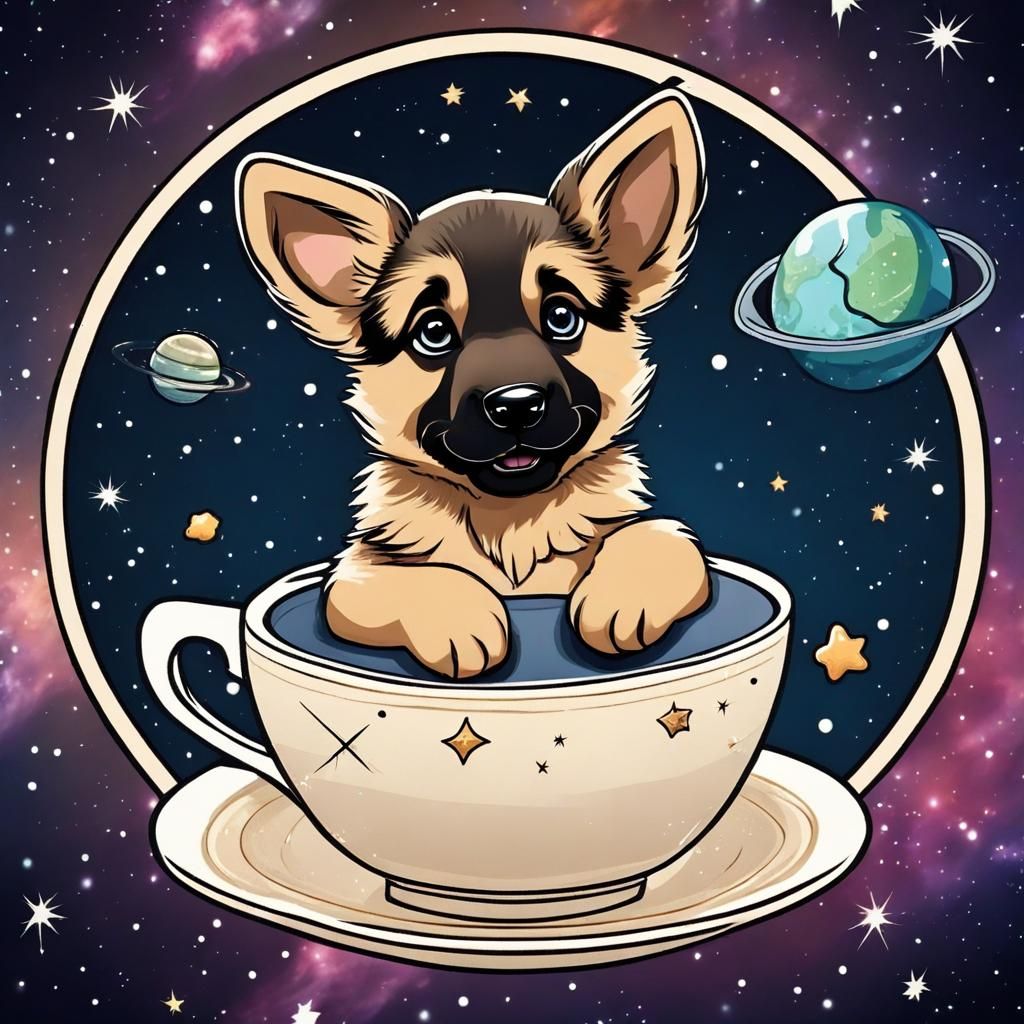 German Shepherd Puppy in Teacup, Cartoon Space
