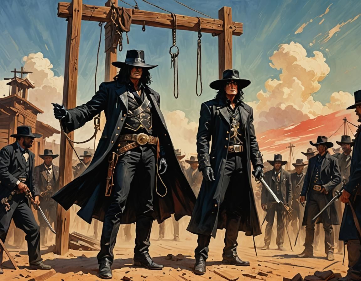 Hangman's gallows wooden platform, the executioner is wearin...