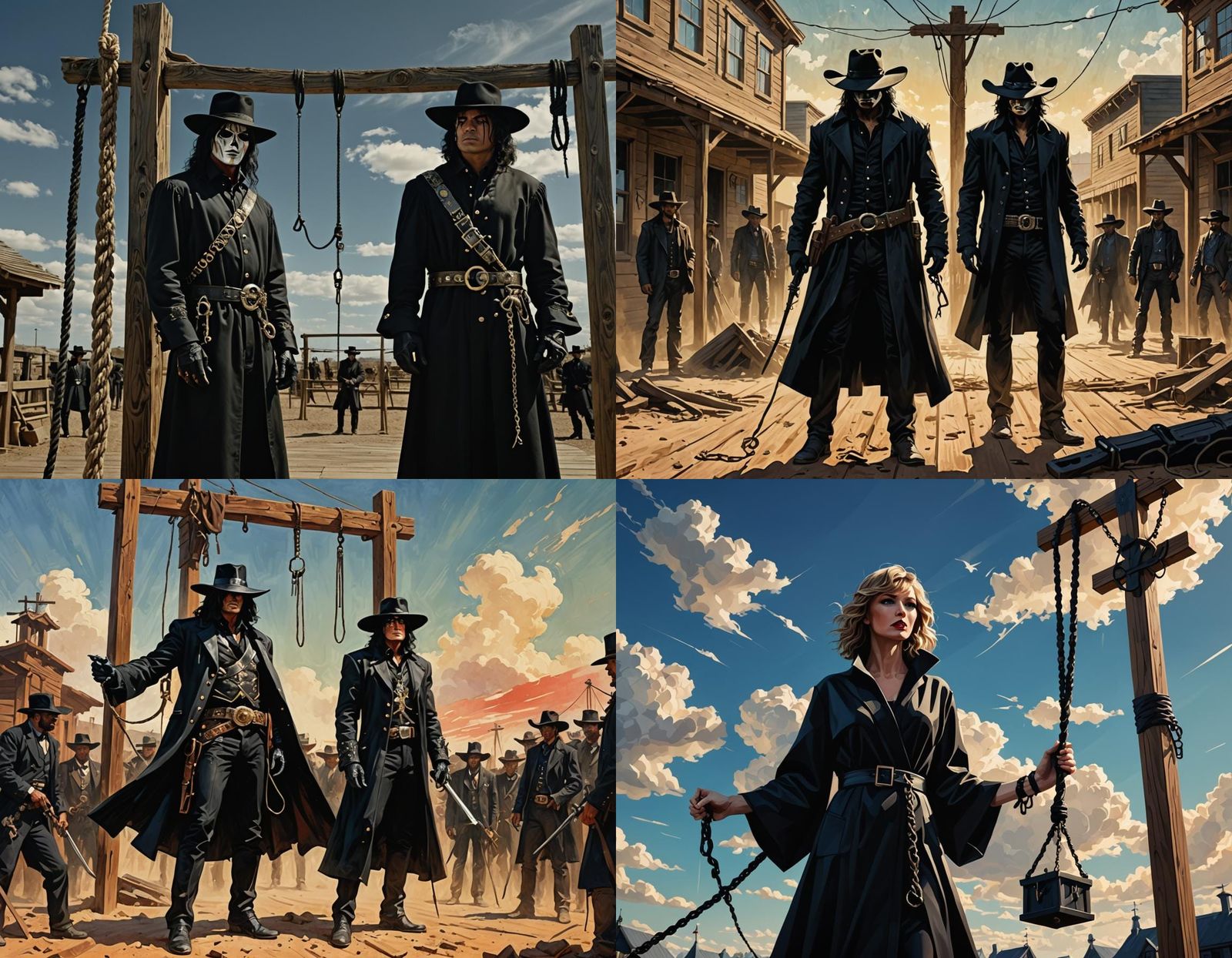 Hangman's gallows wooden platform, the executioner is wearin...