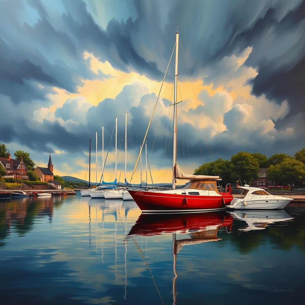 Harbor Scene at Dusk: Hyper-Realistic Oil Painting