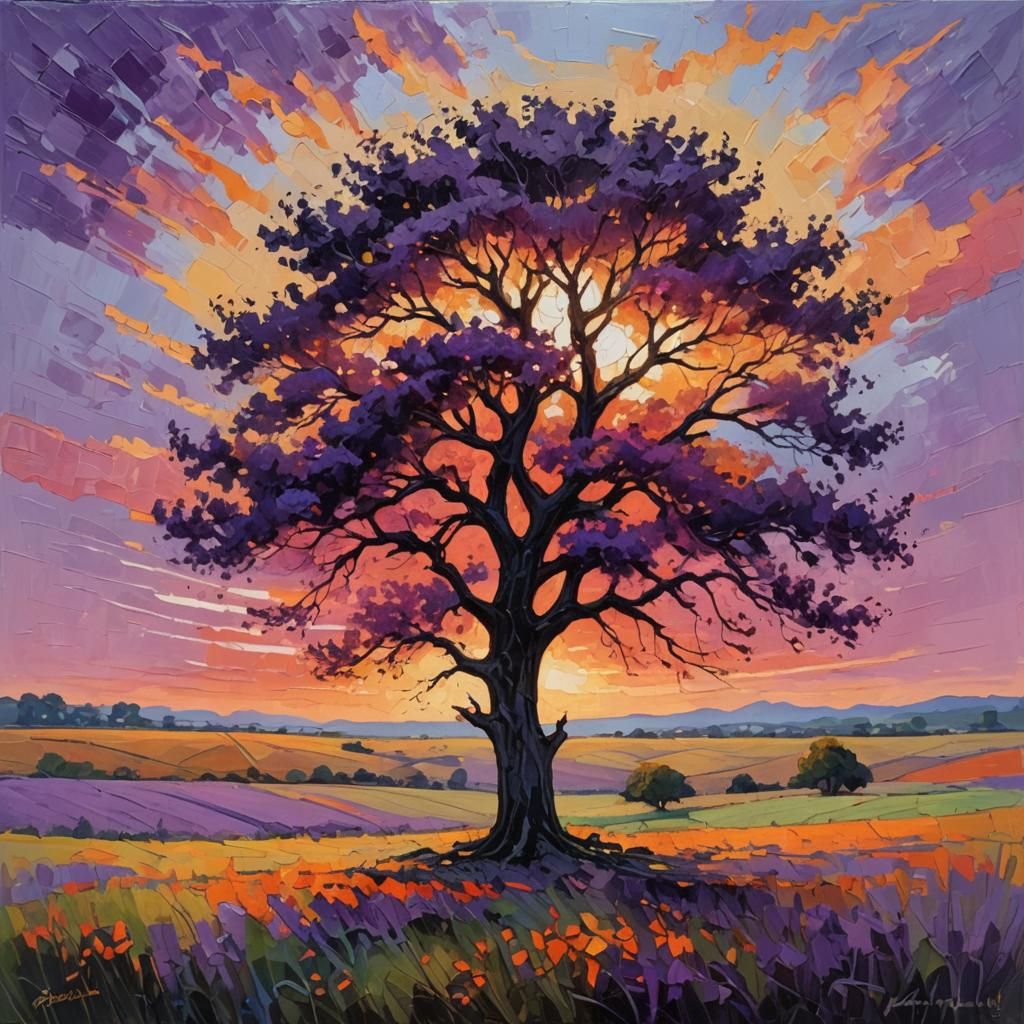 Alone Tree at Sunset in Neo-Impressionism Style