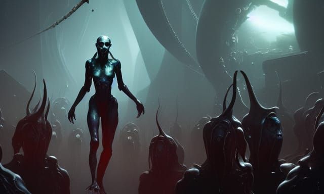 Alien Goddess Surrounded by Horde, Dark Fantasy Concept Art