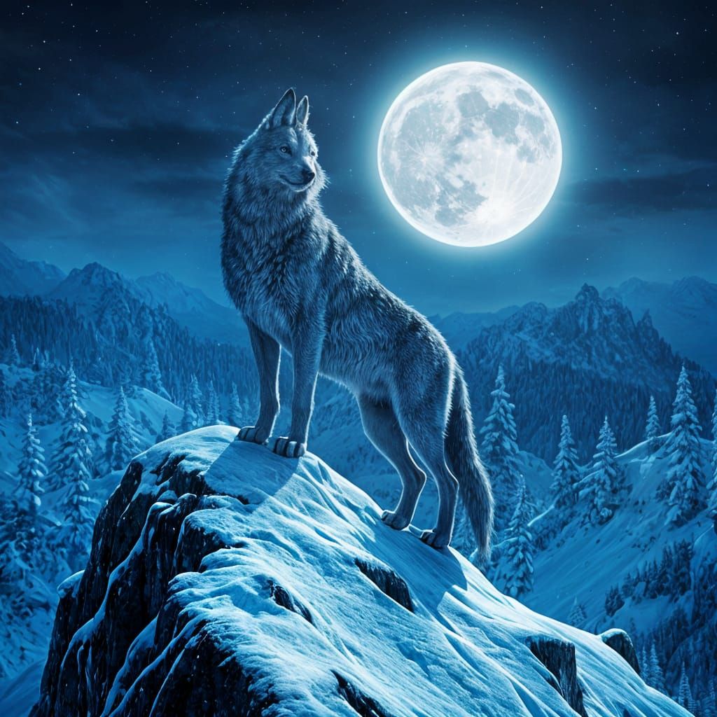 Blue Wolf Howling at Moon, Fantasy Concept Art