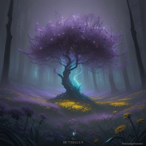 Whimsical Blooms Under Starry Night Sky in Pixel Art