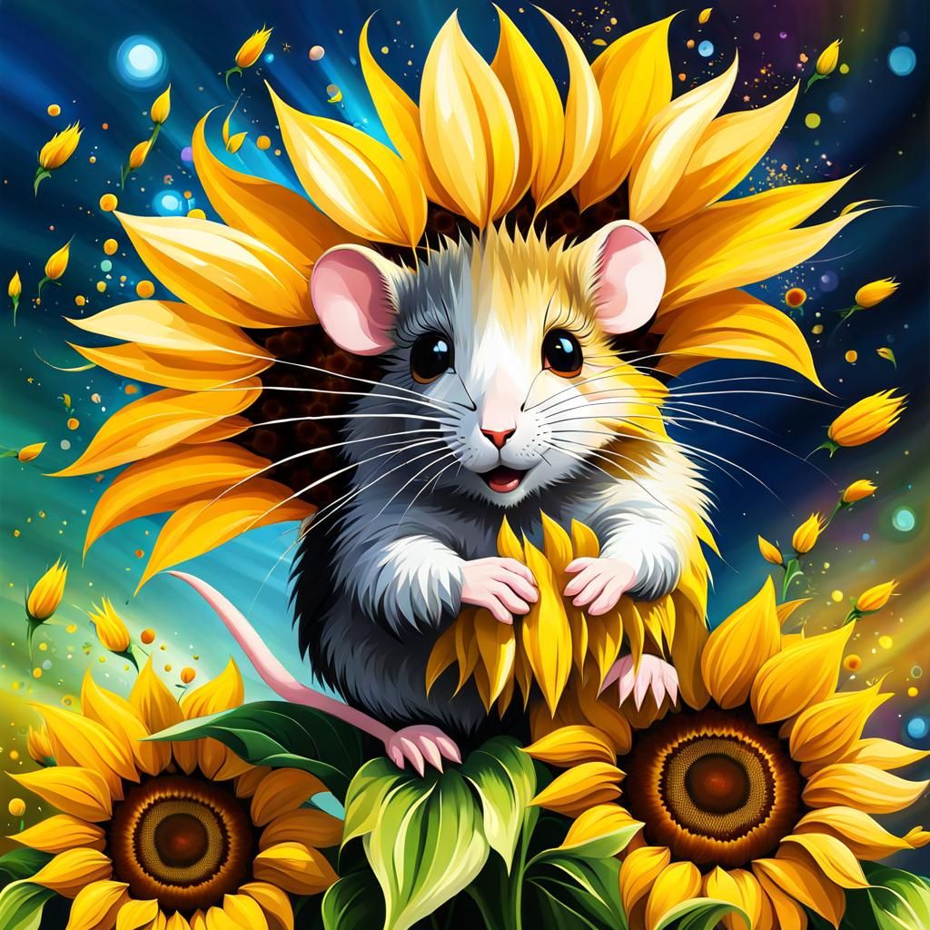 Animated Mouse with Sunflower, Abstract Digital Art