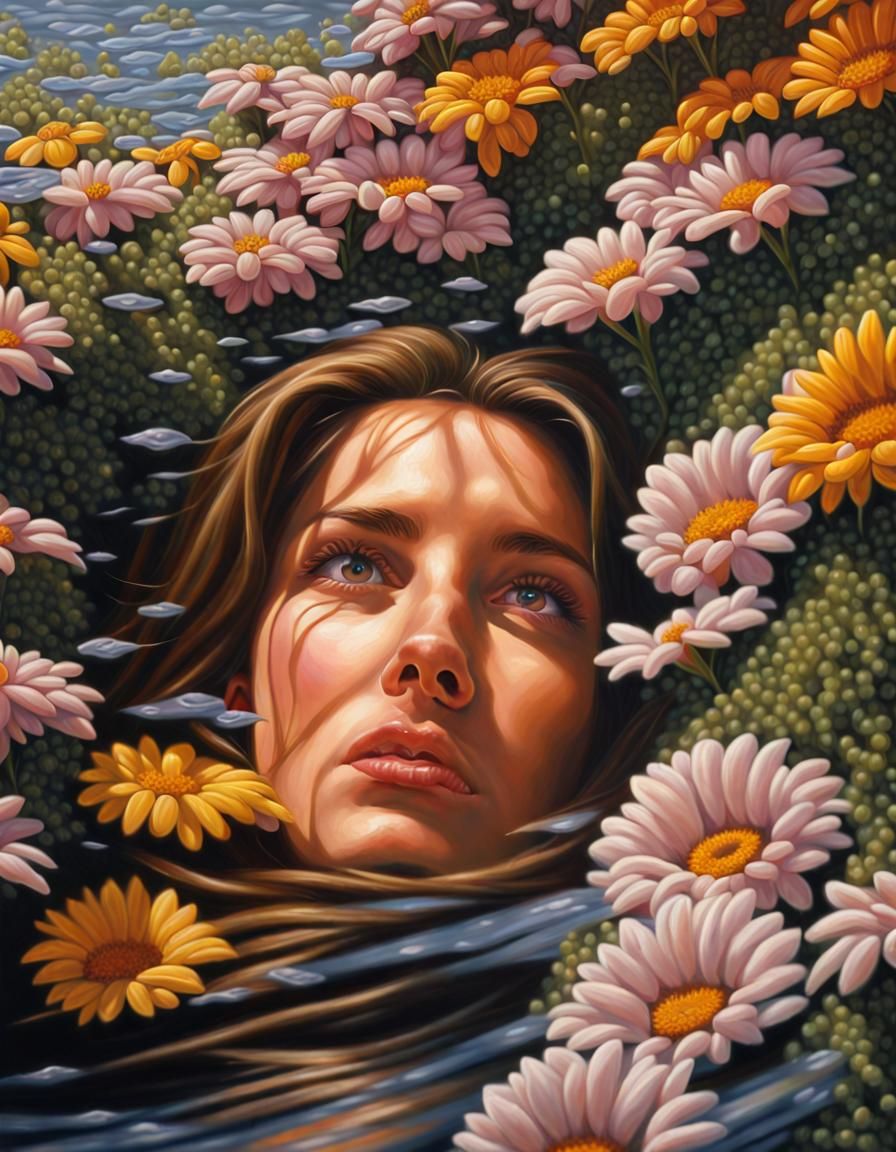 Woman Submerged in Flowers: Hyperrealistic Oil Painting