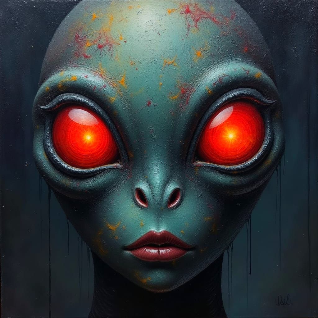 Eerie Alien Portrait in Retrofuturistic Oil Painting Style