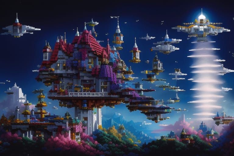 Floating Lego House in Psychedelic Pop Art Style