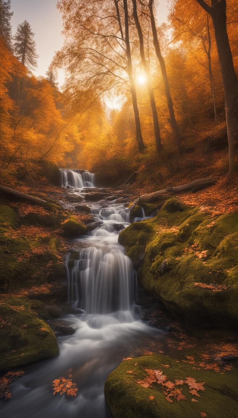 Autumn Waterfall Landscape at Dusk in Golden Light