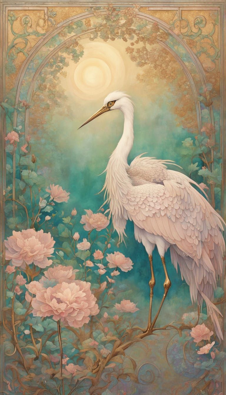 Ethereal Oriental Crane in Art Nouveau Garden