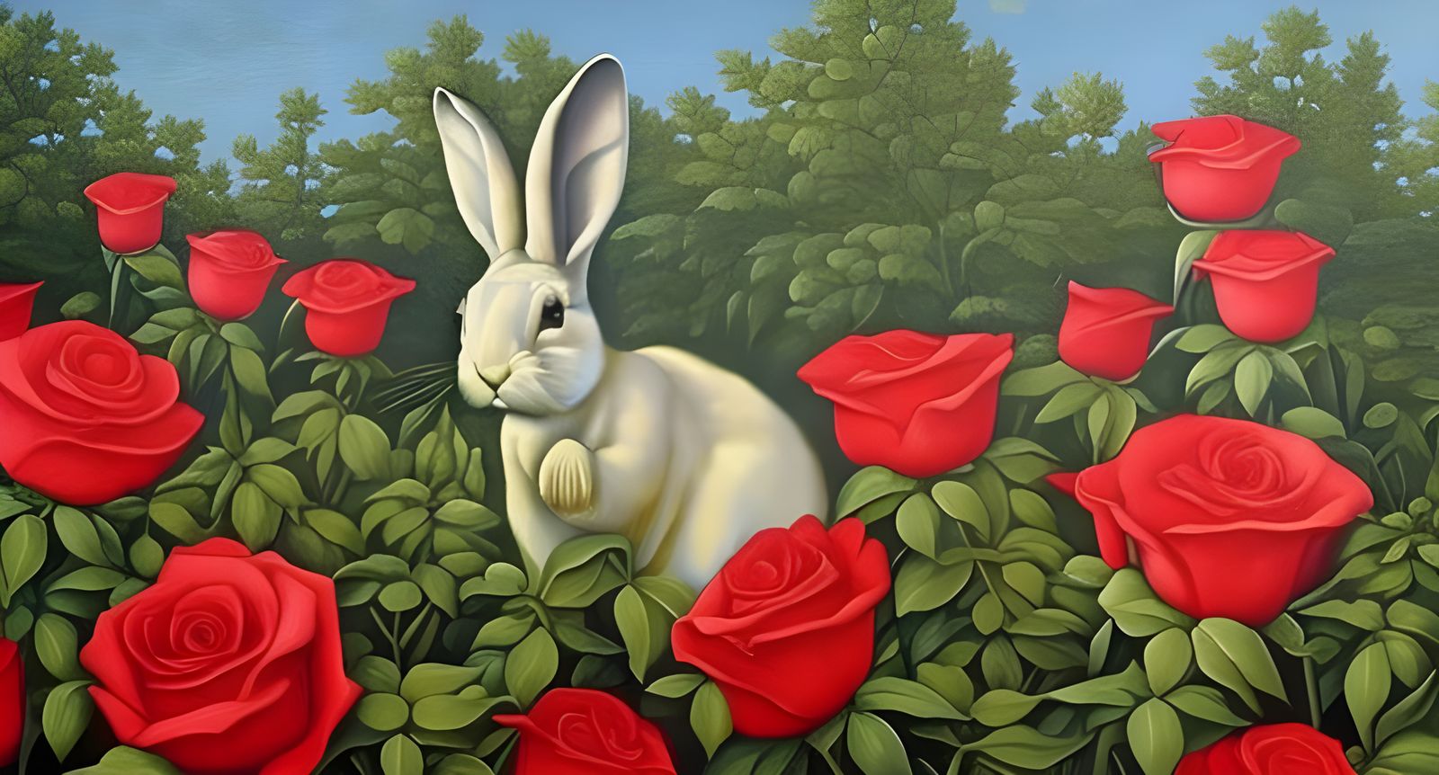 Bunny in Rose Garden, Renaissance Oil Painting