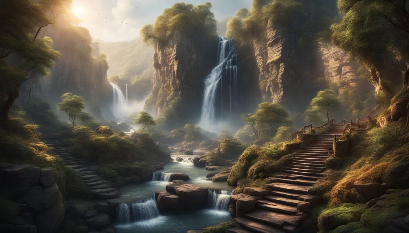 Scenic Rocky Gorge with Waterfalls and Morning Light