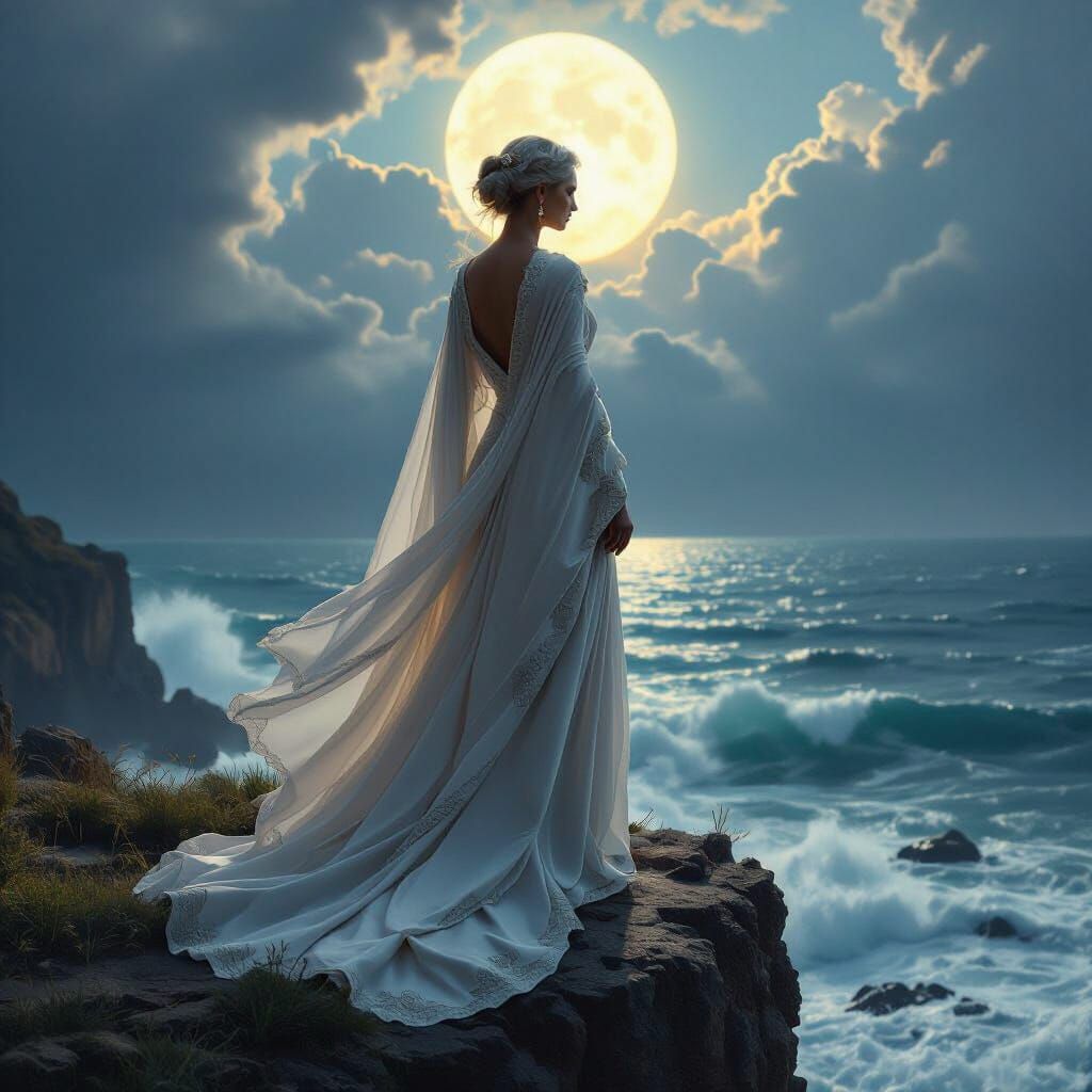 Ethereal Celestial Glow on Cliff Overlooking Stormy Sea