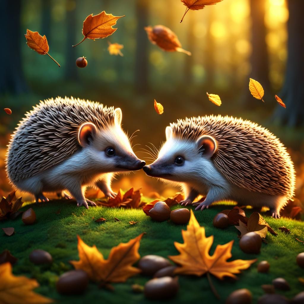 Cute Hedgehogs Playing in Autumn Leaves
