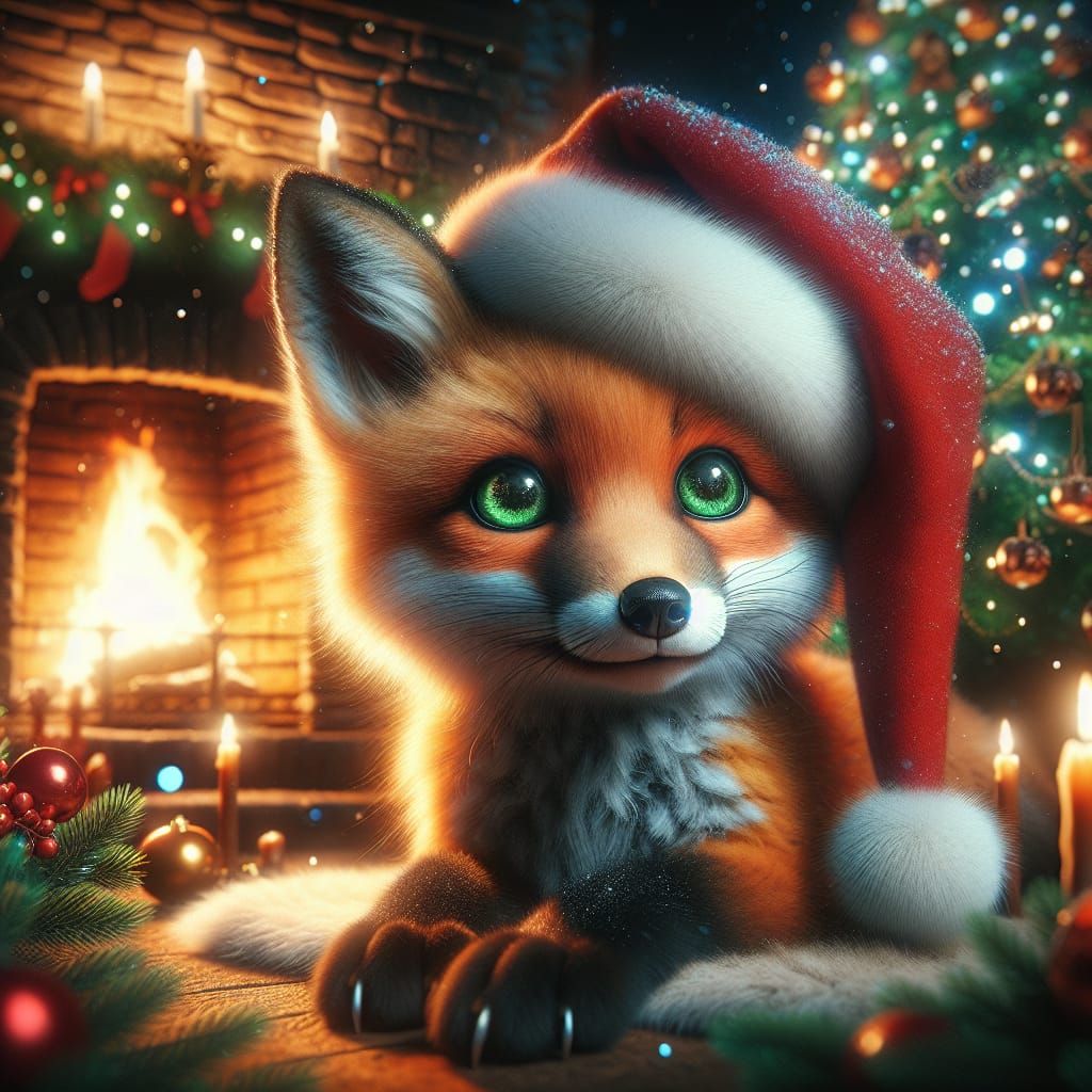 Festive Fox Pup in Santa Hat: Cinematic Christmas Scene