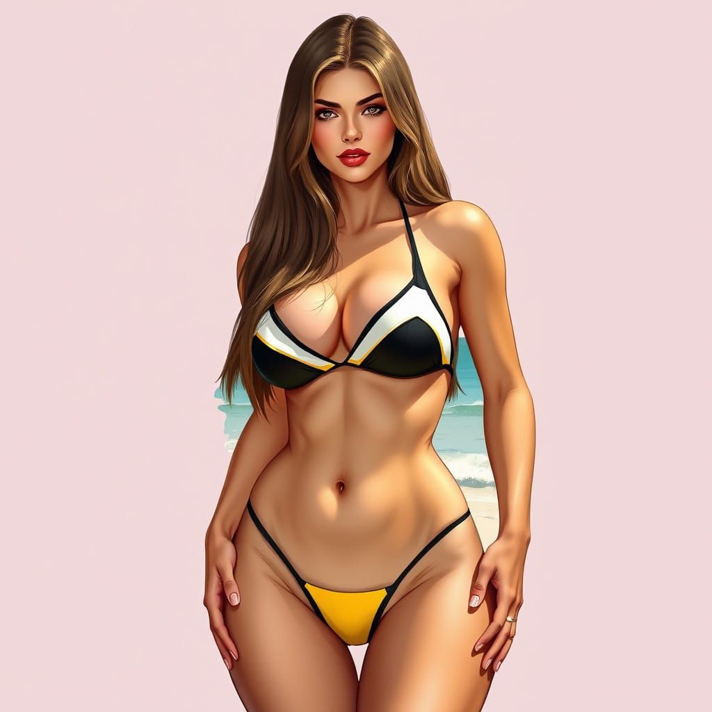 Woman in Bikini on Beach, Art Nouveau Style