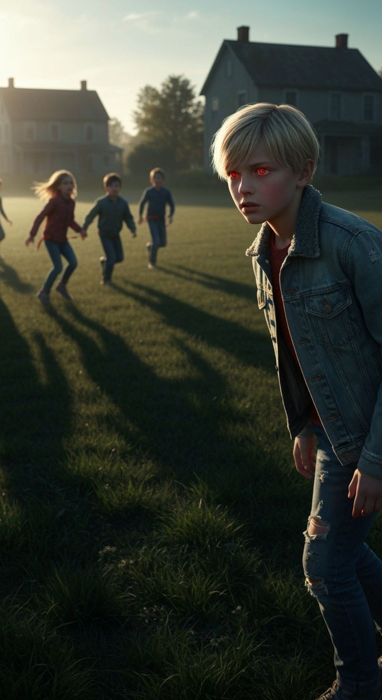 Blond Boy with Fiery Eyes Watches Children in Moody Rural La...