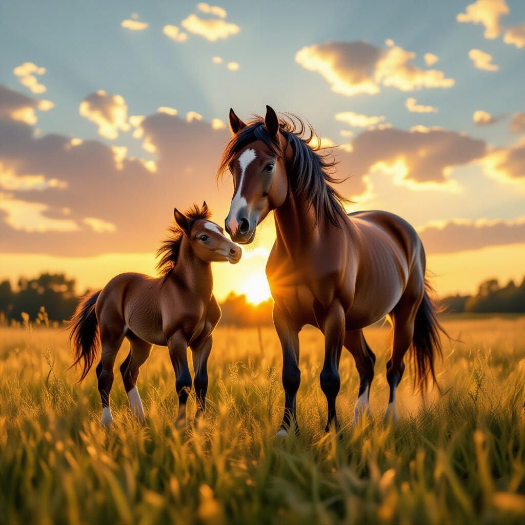 Newborn Colt Emerges from Mare in Sunlit Field