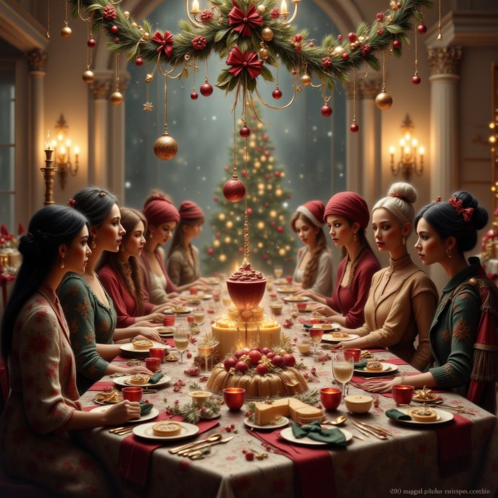 Christmas Dinner party with lots of food, festive fun, holid...