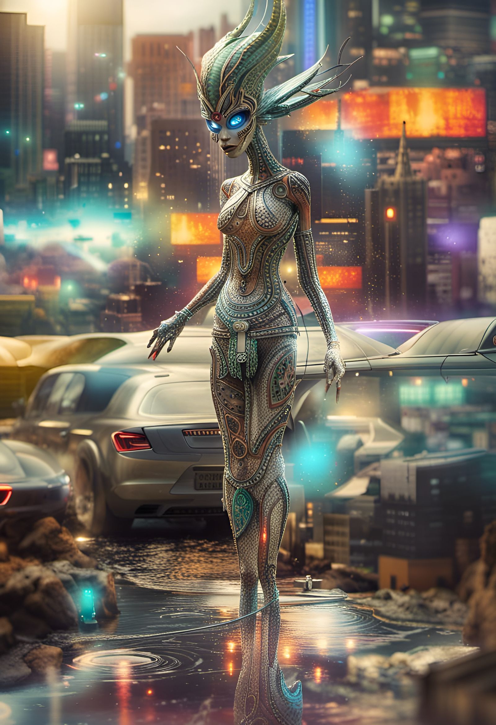 Futuristic Cityscape with Bizarre Creatures in 3D