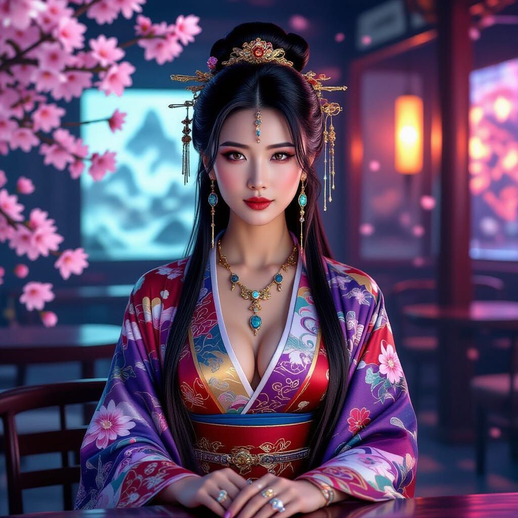 Cyberpunk Beauty in Teahouse with Holographic Cherry Blossom...