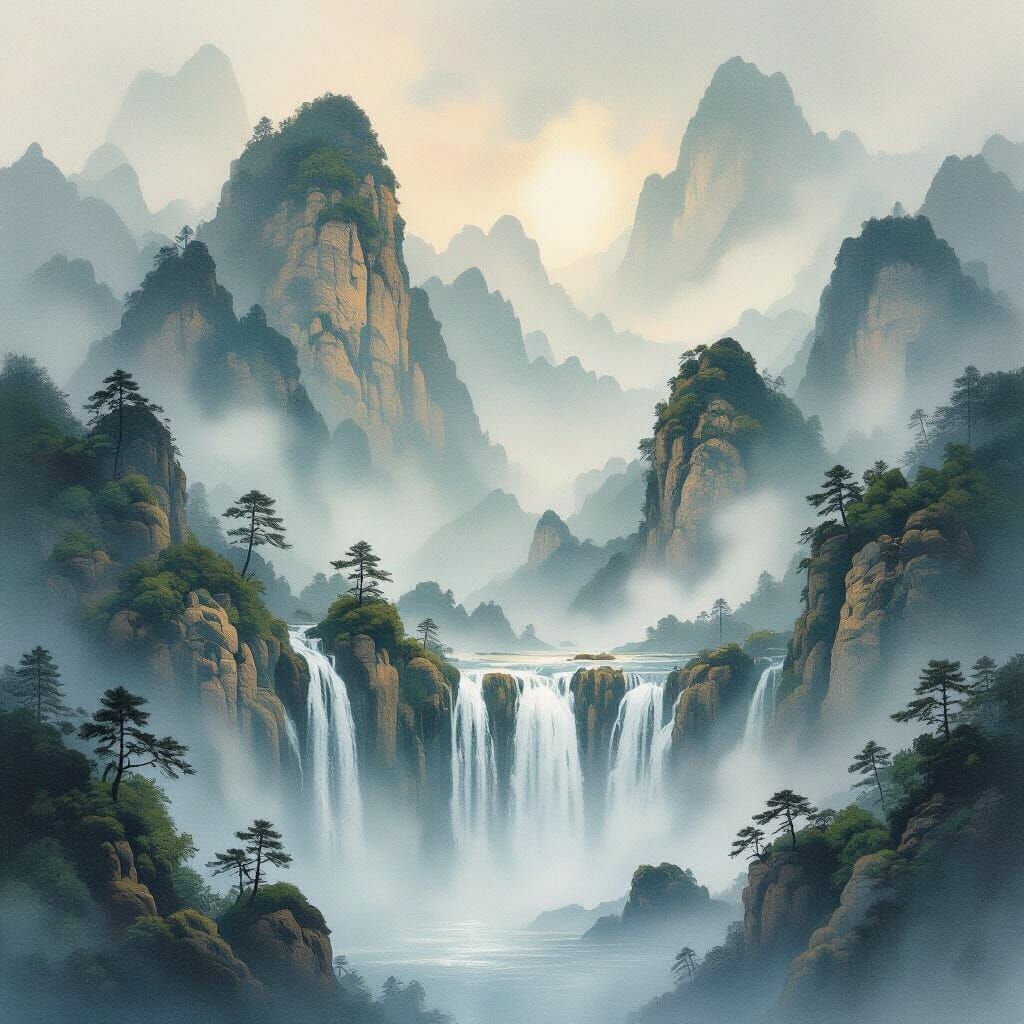 Ethereal Waterfall Mountain Landscape Inspired by Mythology