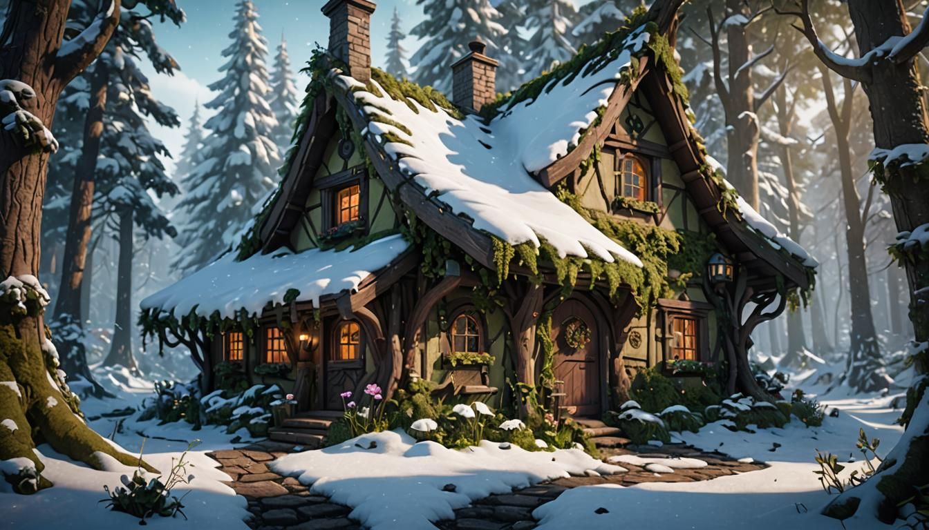 Enchanted Fairy Cottage in Winter Forest