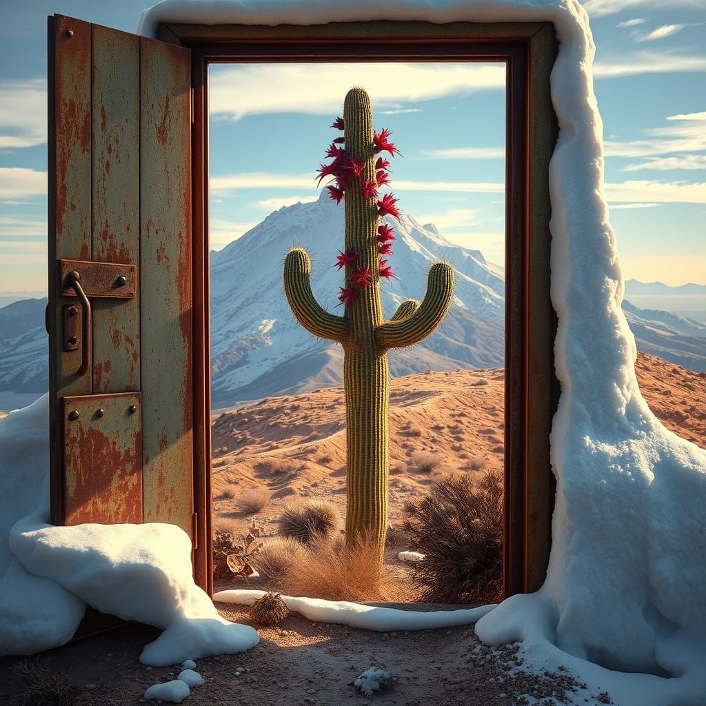 Snow-Capped Mountain Doorway to Desert Oasis in Photorealist...