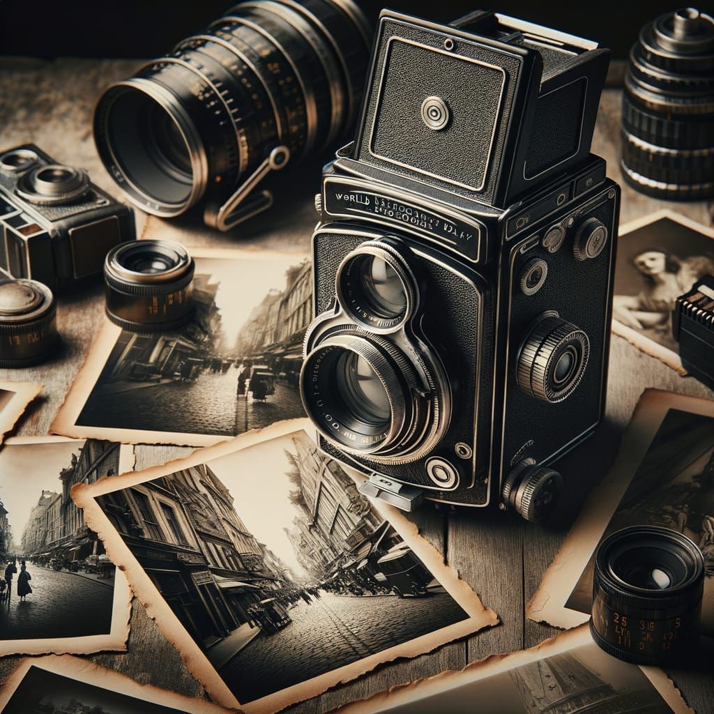Vintage Camera Reflects City Life in Sepia Tones