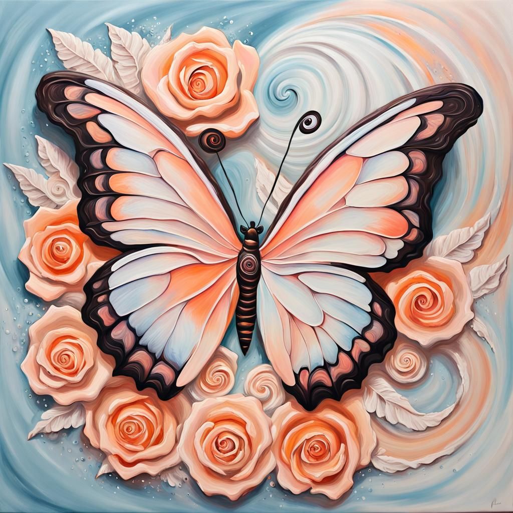 Butterfly with Roses as Impasto Painting