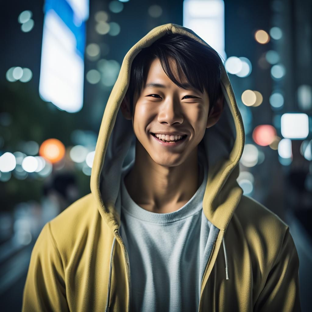 Energetic Asian Boy in Tokyo's Anime Style