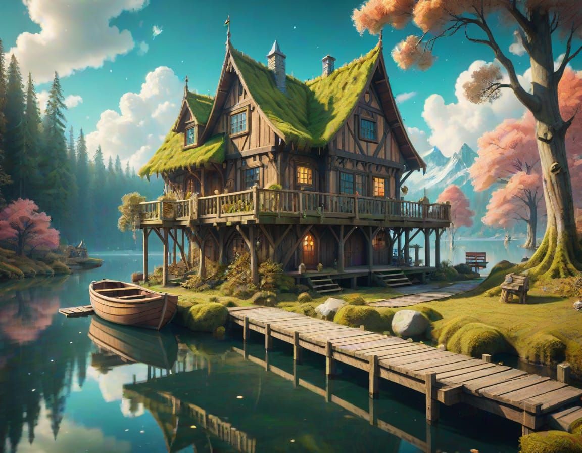 Whimsical Wooden House by a Serene Lake in Winter