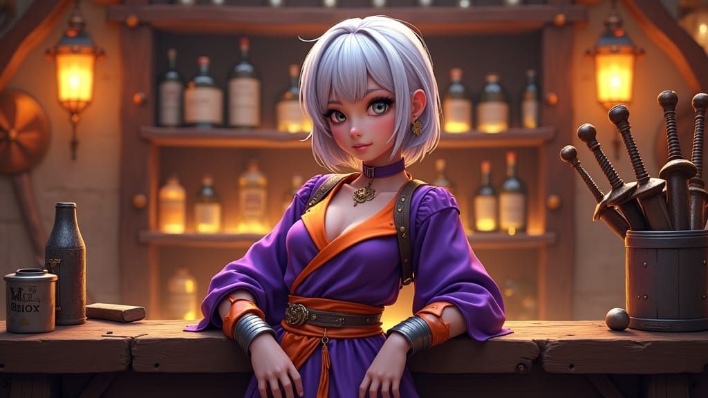 Confident Barkeep in Vibrant Tavern with Scimitars and Claym...