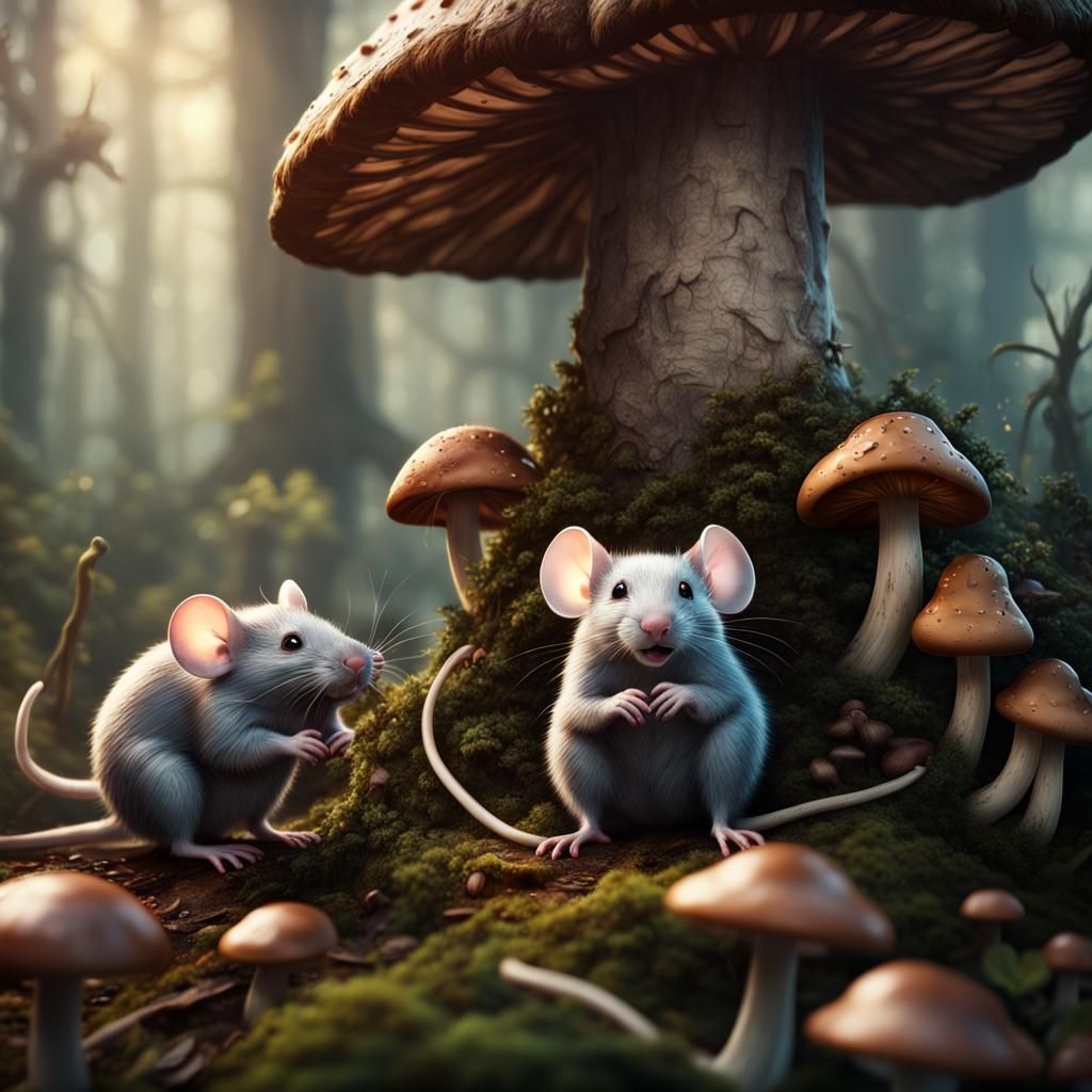 Mice Hidden Among Mushrooms: Detailed Matte Painting