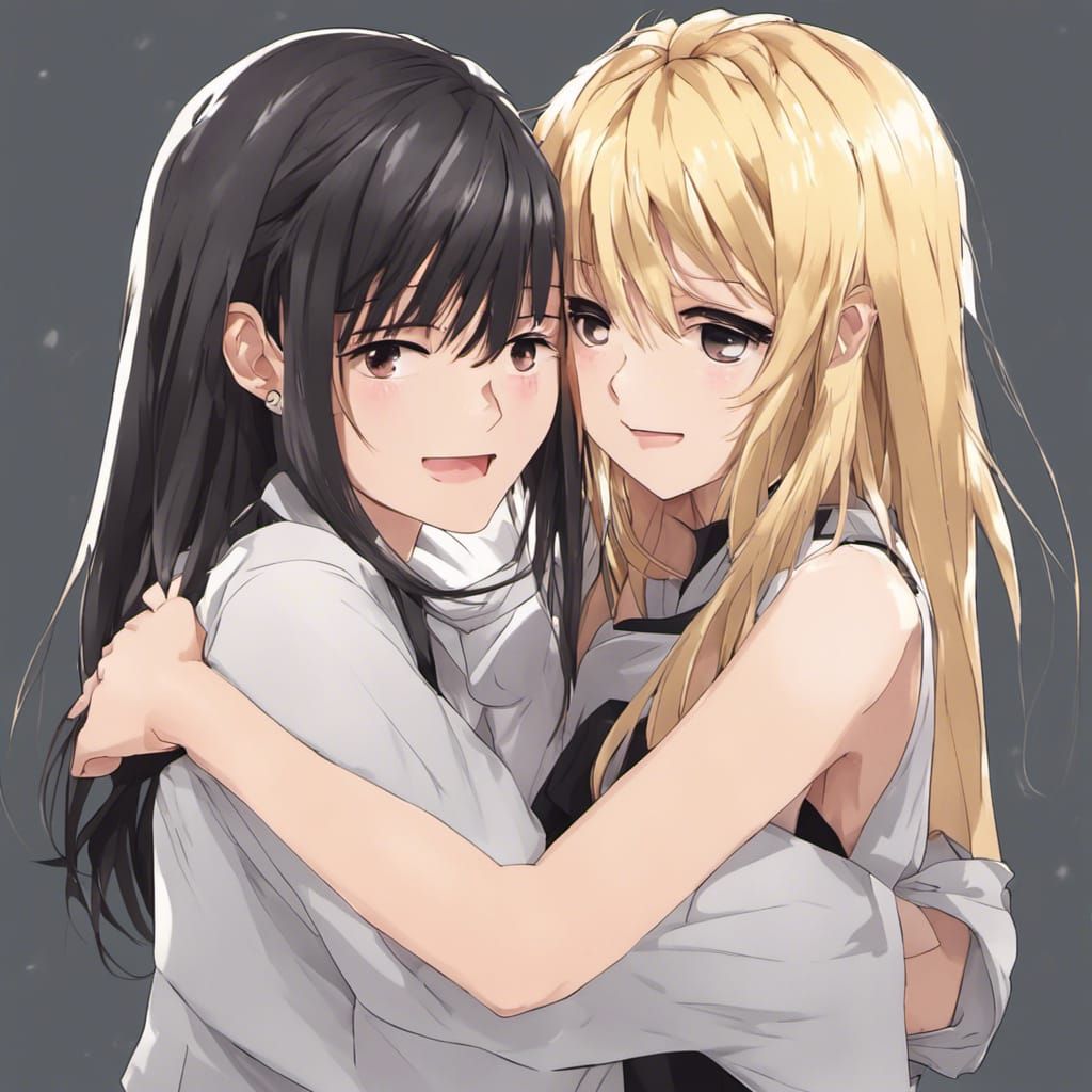 Anime Girls Hugging in Manga Style