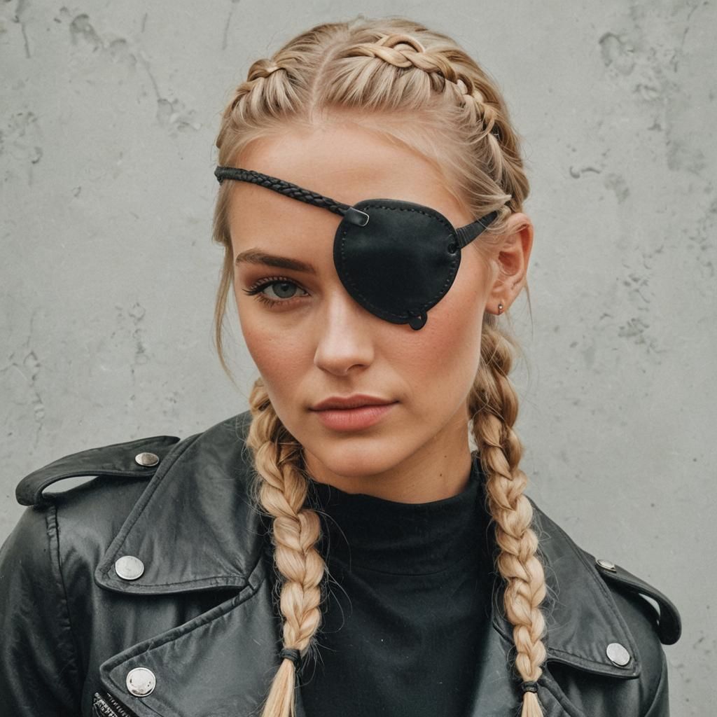 Blonde Girl with Braids, Eyepatch, and Leather Jacket