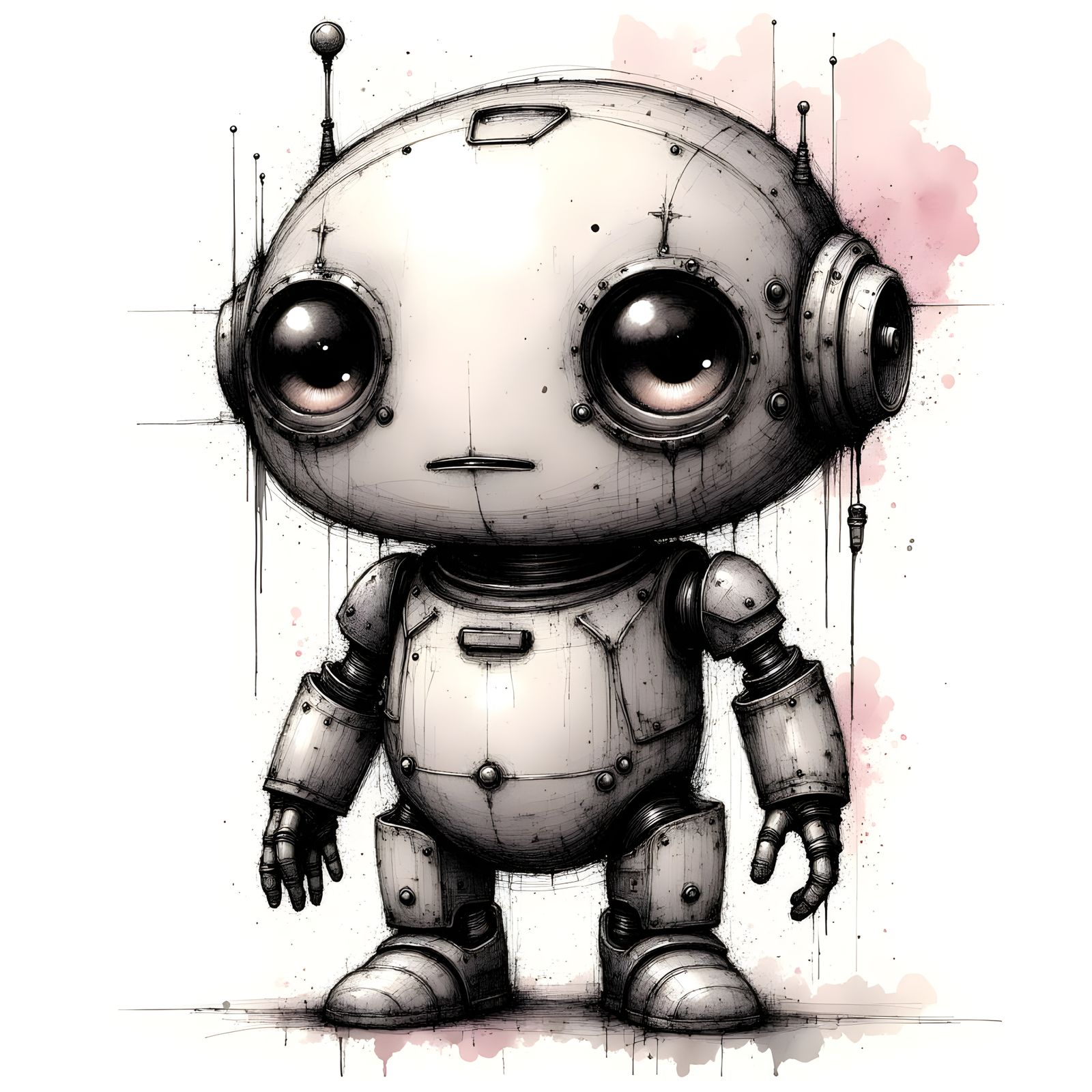 Cute Anthropomorphic Robot in Hand Drawn Ink Style