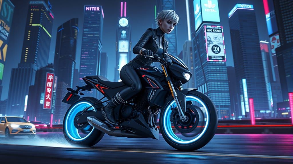 Cyberpunk Motorcycle Speeds Through Neon Cityscape