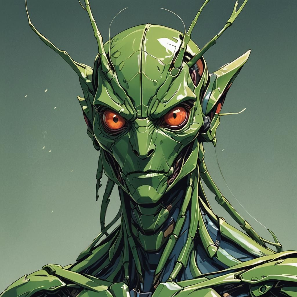 Preying Mantis Man Hybrid Portrait, Anime Style