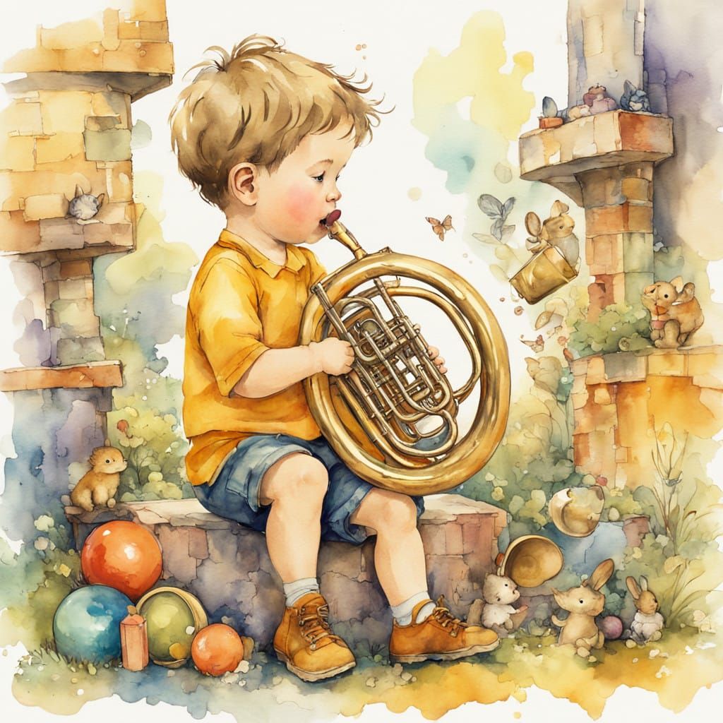 Whimsical Watercolor of a Toddler Boy Playing a Tuba in a Pl...