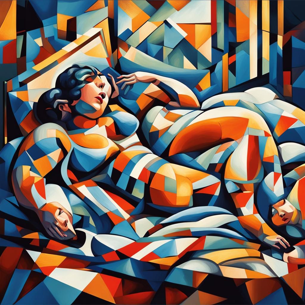 Steampunk Cubist Painting of a Sleeping Woman