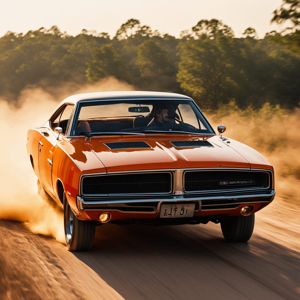General Lee Charger Leaping in Dramatic Golden Hour Chase