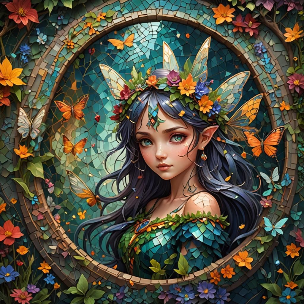 Fairy Mosaic Art in Detailed Fantasy Style